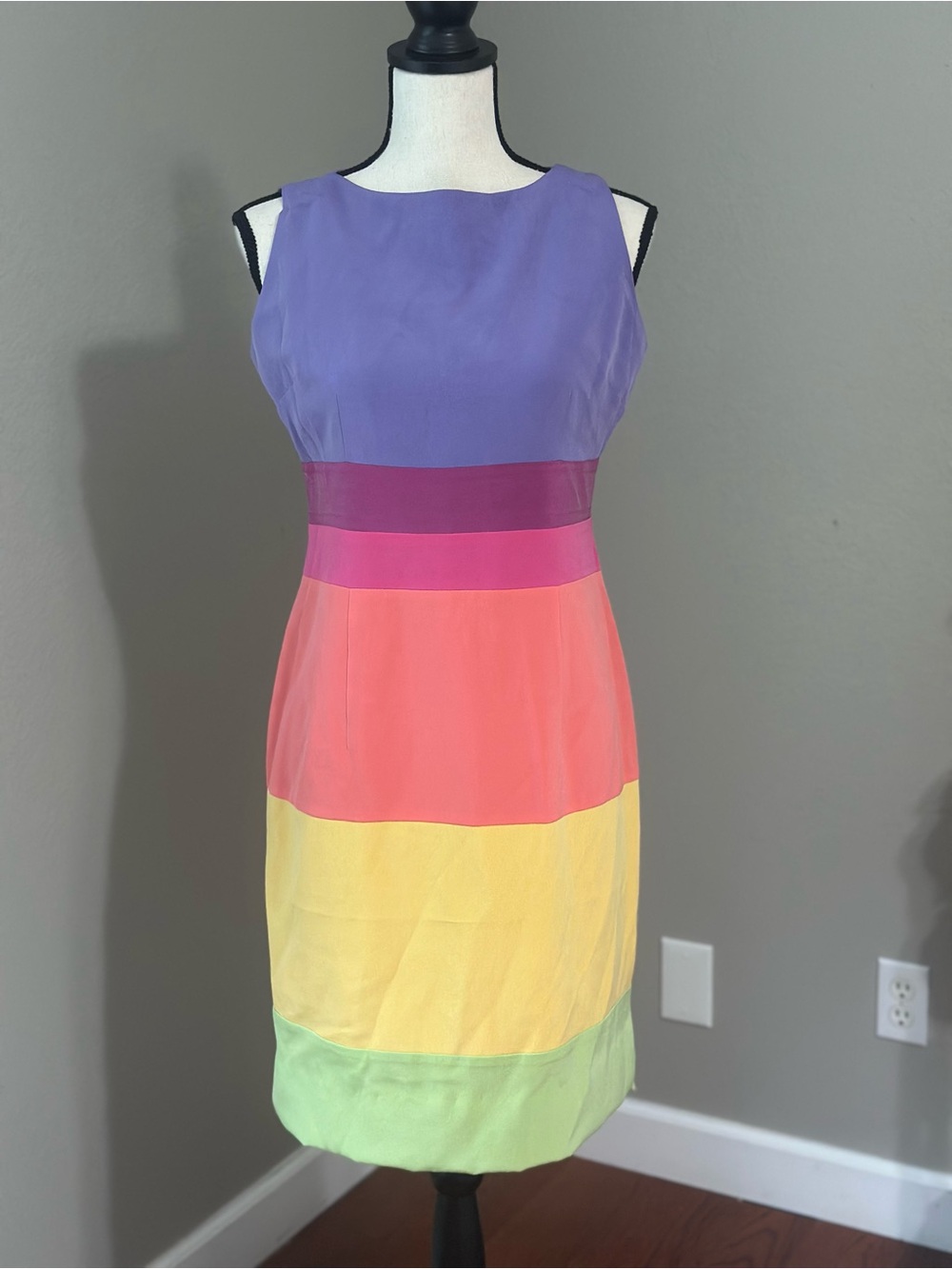 90’s Vintage 100% Silk Sleeveless Colorblock Midi Dress in Rainbow Pastel Colors